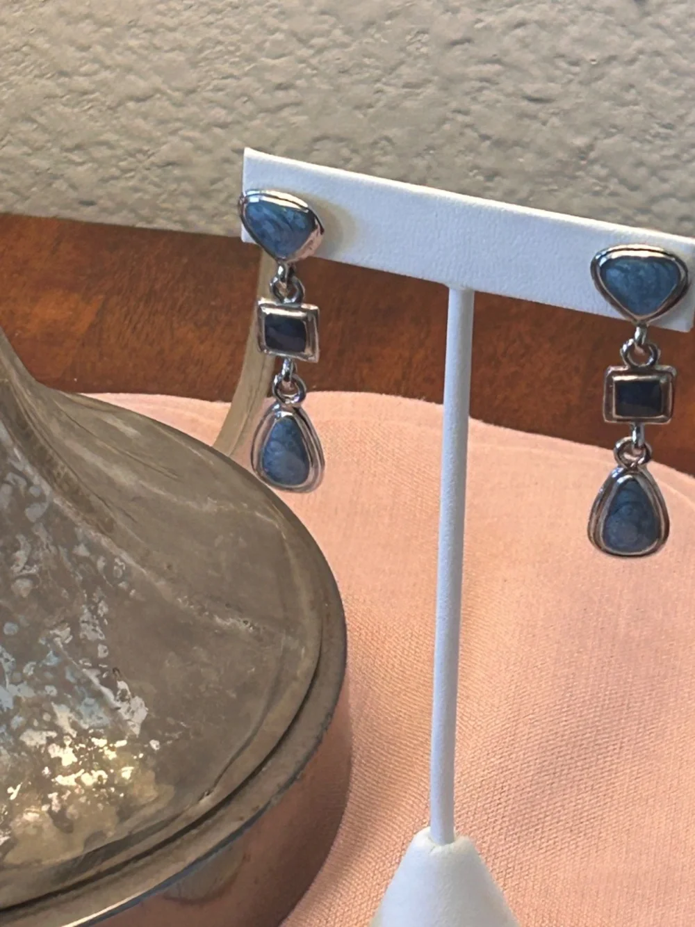 Delicate Blue and Gray Silver Tone Pierced Dangle Earrings